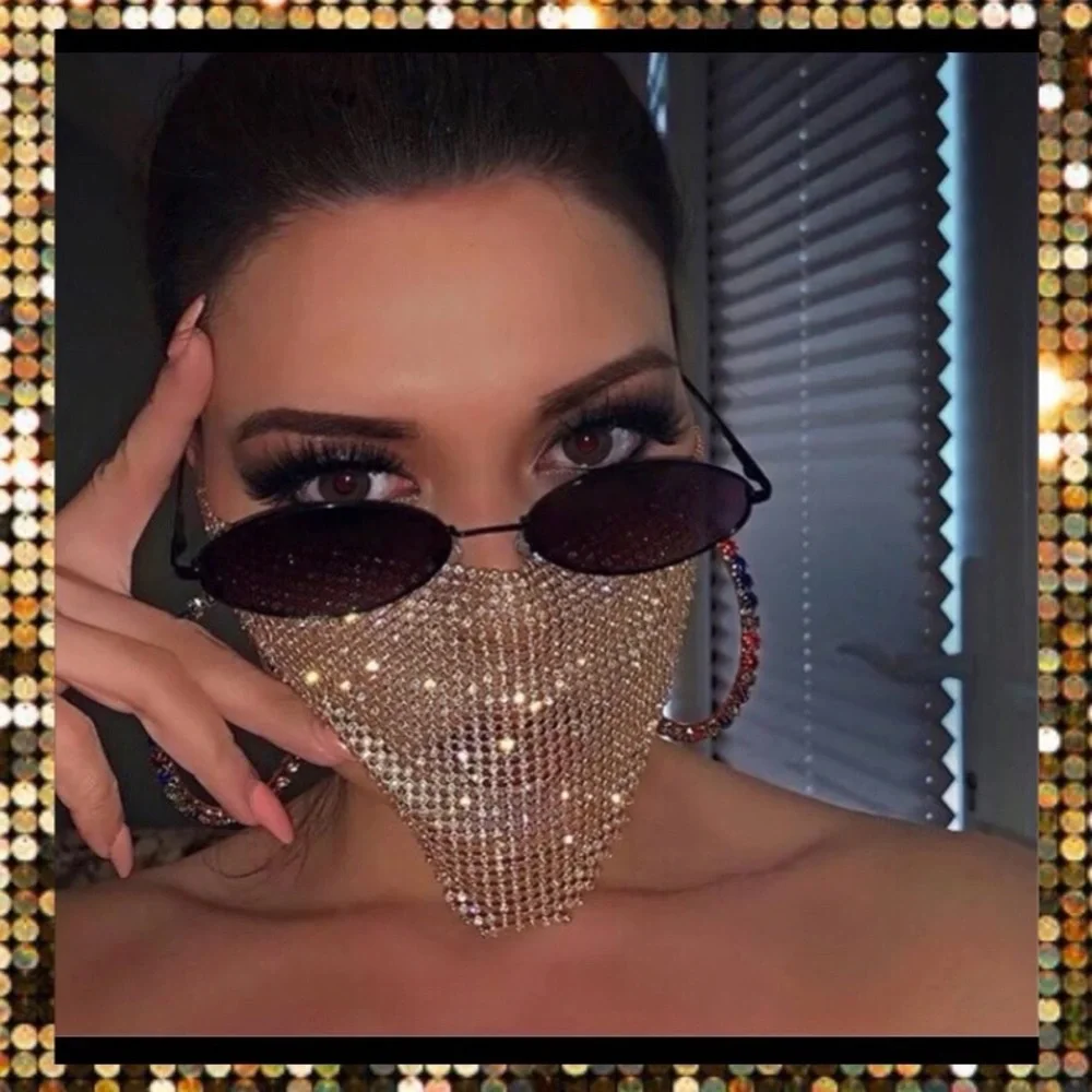 Clearance! Glam Gold crystal diamond chain dancer masquerade mask face costume